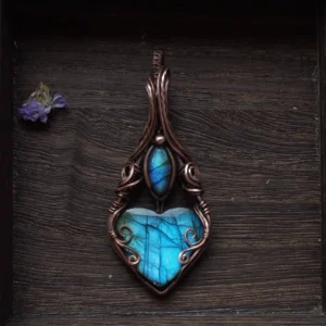 Handmade Jewelry Double Stone Heart Necklace, Labradorite Wire-Wrapped Pendant