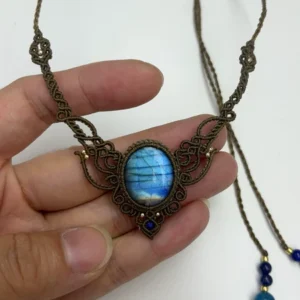 Macrame Wax Cord Stone Necklace, Labradorite Necklace, Blue Flash Labradorite, In Stock